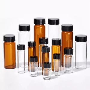 20 개/몫 3ml 5ml 10ml 15ml 20ml 30ml 40ml 50ml (투명/갈색) 플라스틱 뚜껑 스크류 캡이있는 유리 씰 병 시약 샘플 튜브