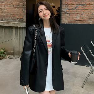 여성용 블레이저 PU 가죽 블랙 아우터웨어 롱 오버 루즈 재킷 코트 여성용 솔리드 의류 드레스 한국 스타일 패션 2025