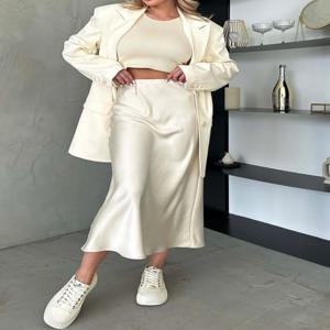 아세트 새틴 Fishtail 스커트 여자 여성을위한 한국어 패션 탄성 높은 허리 스커트 봄/여름 2025 새로운 슬림 롱 드레스