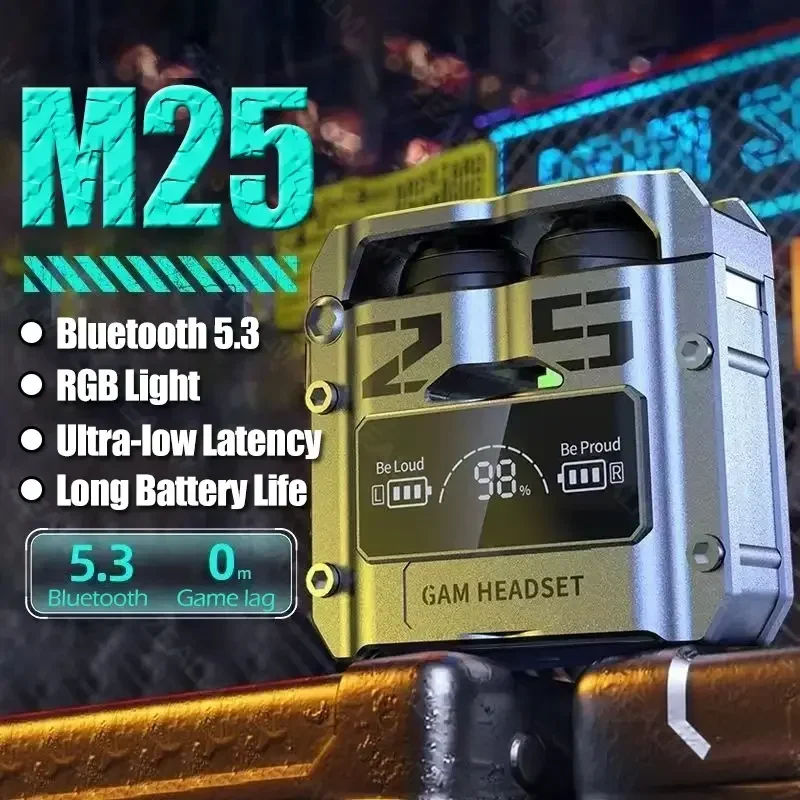 LED 디지털 디스플레이가 있는 오리지널 M25 TWS 이어버드 - 블루투스 5.3 헤드폰, 터치 컨트롤 및 노이즈 감소 스테레오 사운드