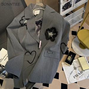 여성용 블레이저 입체 꽃 자수 캐주얼한 분위기의 한국 패션 루즈핏 독특한 코트 가을 여성 Y2K