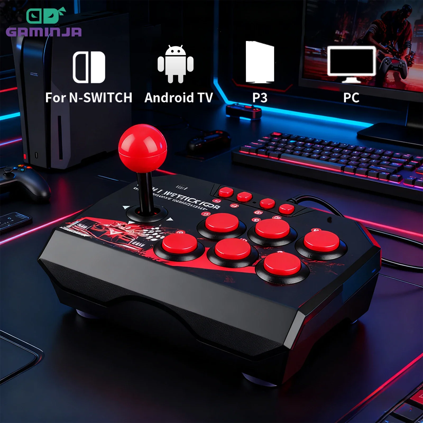 GAMINJA 유선 조이스틱 터보 빠른 발사 기능 스위치/PS3/PC/안드로이드 컴퓨터 게임 컨트롤러 아케이드 야오타이와 호환 가능