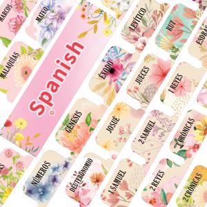 75개 꽃무늬 스페인어 성경 태그 - 적층형, 대형 인쇄 중립 성경 탭, 읽기 쉬운 스티커 태그