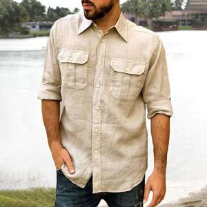 코튼 린넨 남성 셔츠 긴 소매 솔리드 컬러 캐주얼 탑 옷깃 더블 포켓 디자인 클래식 셔츠 트렌디 남성 의류