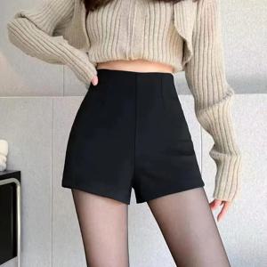 블랙 수트 반바지 여성용 봄 가을 하이웨이스트 슬림 A라인 캐주얼 베이스 레이어 핫팬츠 지퍼 와이드 레그 팬츠 PU 소재