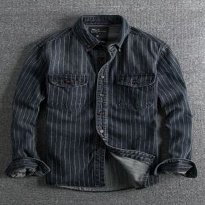 레트로 데님 셔츠 슬림핏 캐주얼 긴팔 스트라이프 자켓 남성 트렌디 봄 가을 헤비 듀티 디스트레스드 진셔츠