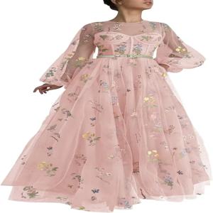 여자의 푹신한 소매 얇은 명주 그물 댄스 파티 드레스 꽃 자수 주머니와 긴 정장 저녁 파티 가운