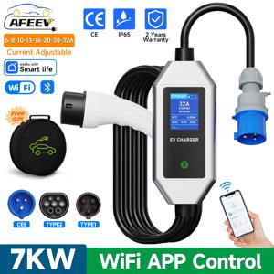 AFEEV 7KW 32A WiFi APP 제어 기능이 있는 1상 휴대용 EV 충전기 Type2/Type1 전기 자동차 충전기 Wallbox EVSE 고속 충전 케이블