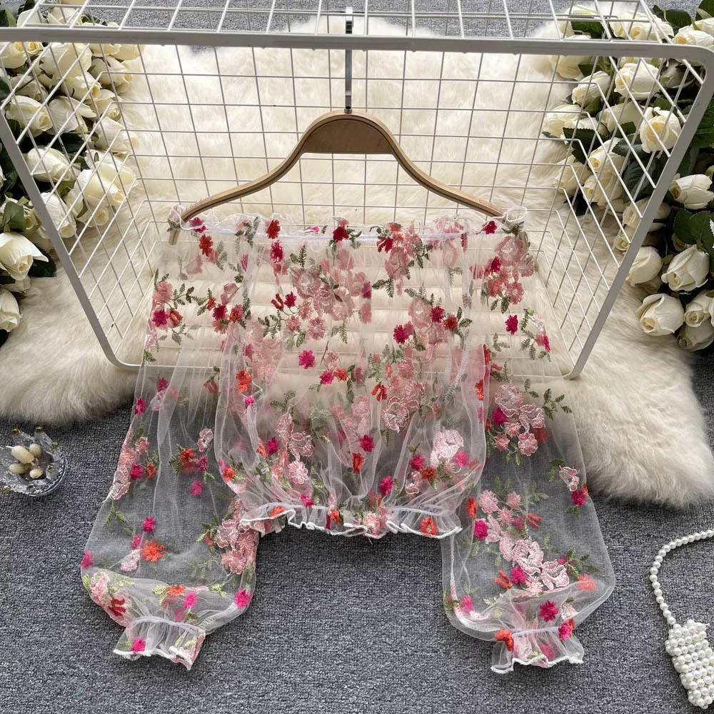 원숄더 튤 자수 시스루 탑 여름 신상 여성 트렌디 플라워 루즈 롱 퍼프 소매 숏 레이스 탑