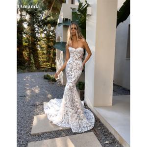 아만다 맞춤형 화이트 머메이드 레이스 자수 댄스 파티 드레스 Strapless Sleeveless vestidos de noche Court Train Wedding Party