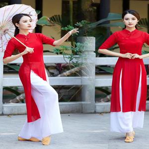 레드 내셔널 댄스 공연 의상 메쉬 셔츠 화이트 팬츠 트레이닝 유니폼 스퀘어 댄스 여성용 민족 무대 의상