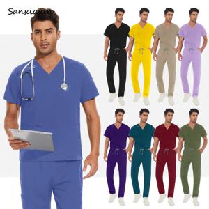 여러 가지 빛깔의 의사 의상 남자 애완 동물 스크럽 의료 수술 작업복 스크럽 세트 유니폼 짧은 소매 탑 + 바지 정장 간호 유니폼