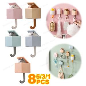 만화 고양이 후크 열쇠 우산 수건 모자 옷걸이 자가 접착 기숙사 침실 문 걸이 벽 동물 장식 랙