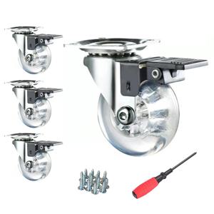 회전 캐스터 휠 3인치, 브레이크가 있는 4개의 헤비 듀티 캐스터 세트, 작업대용 800Lbs 투명 폴리우레탄 가구 휠