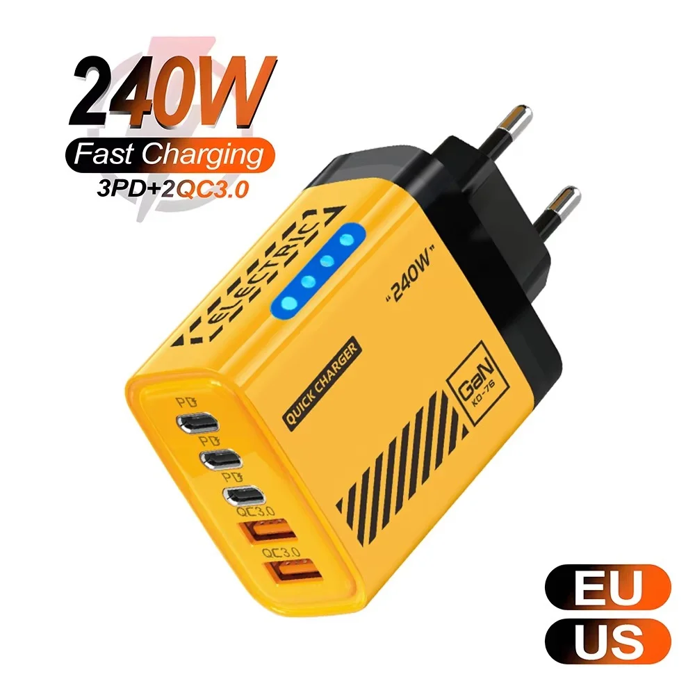 240W GaN 5포트 고속 충전 스테이션 3PD 2USB 데스크 어댑터 아이폰 17 16 15 프로 삼성 샤오미 EU US 월 플러그 USB C 충전기