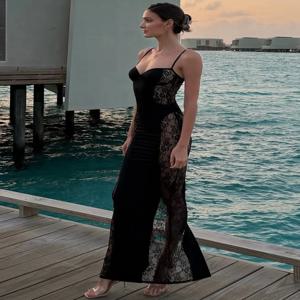 탈렌자 섹시 시스루 드레스 패션 레이스 패치워크 홀로우 스파게티 스트랩 드레스 우아한 럭셔리 여성 파티 이브닝 드레스