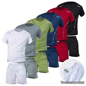 2피스 남성 세트 청소년 사계절 프린트 빠른 건조 반팔 스웨트팬츠 주머니 포함 편안한 플러스 사이즈 캐주얼