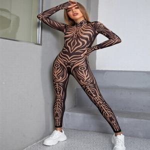 Nibber 시스루 점프수트 여성 하이넥 빈티지 프린트 긴팔 스트레치 스키니 섹시 미드나잇 패션 와일드 스트리트 의상