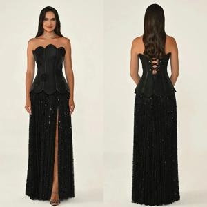 맞춤형 반짝임이 돋보이는 정교한 수제 꽃 비즈 장식 스팽글 A라인 스트랩리스 롱 드레스 맞춤형 행사 드레스 레트로