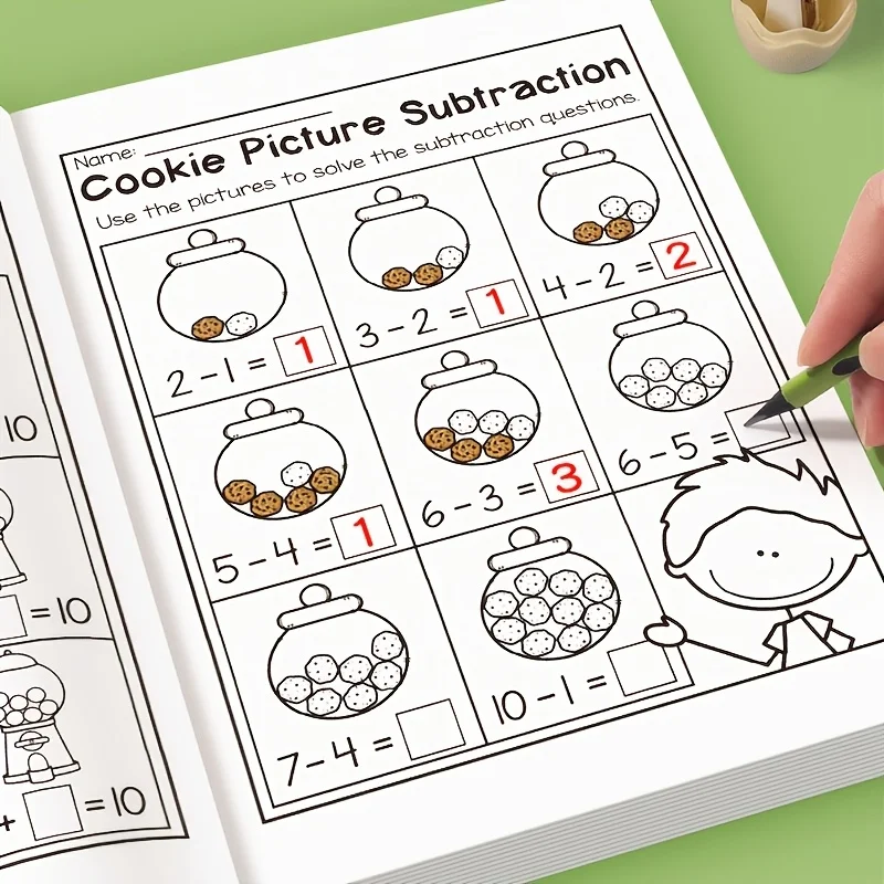 덧셈 및 뺄셈 연습지, 크로스워드 퍼즐, 다채로운 수학 활동이 포함된 32페이지 인터랙티브 수학 학습 워크북