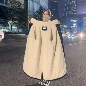 2025년 신상 양털 자켓 여성용 플리스 추가 및 두꺼운 신형 면 코트 중간 길이 솔리드 컬러 무릎 길이