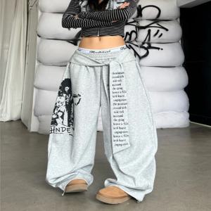 레트로 아메리칸 핫걸 힙합 재즈 스트릿 댄스 레터 프린트 벨트 디자인 루즈핏 와이드 레그 캐주얼 팬츠 트렌디 여성 청바지