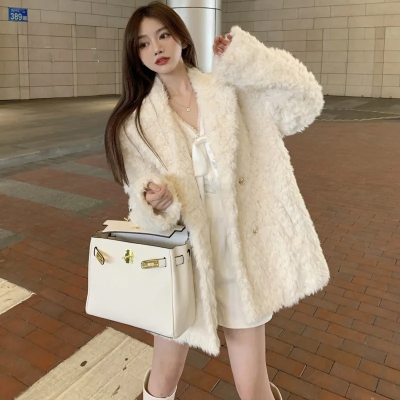 젊은 여성의 두꺼운 긴 양털 재킷 겨울 코트 세련된 슬리밍 슈트 아우터 클래식 퓨어 컬러 슬리브 롱