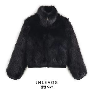 여성용 세련되고 다재다능한 인조 퍼 스탠드 칼라 코트, 짧은 아우터, 폴리에스터 소재, 긴 소매, 지퍼 여밈