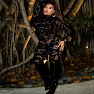 시비보 블랙 시어 하이 스트레치 점프수트 여성 섹시 긴팔 홀로우 아웃 바디콘 롬퍼 파티웨어 여성 원피스 오버올