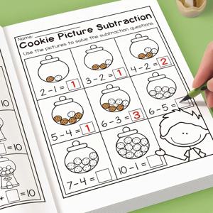 덧셈 및 뺄셈 연습지, 크로스워드 퍼즐, 다채로운 수학 활동이 포함된 32페이지 인터랙티브 수학 학습 워크북