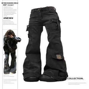 여성용 플레어 카고 진 하라주쿠 일본식 로우라이즈 데님 팬츠 아비 Y2K 벨바텀 아메리칸 레트로 하이 스트리트 다크 아카데미아