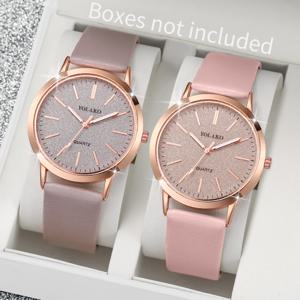 2개/세트 여성용 시계 패션 매트 다이얼 가죽 밴드 아날로그 쿼츠 시계 세트(상자 없음)