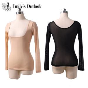 여성용 긴 소매 시스루 메쉬 시어 크롭 탑 블라우스 셔츠 풀온 바디콘 티 댄서 기본 착용 섹시 투명 누드 레드