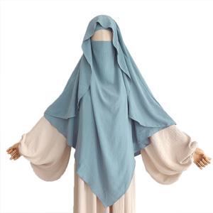 Niqab 스트랩과 케이프 Khimar 재즈 크레페 삼각형 이슬람 무슬림 여성 도매 라마단 넥타이 뒤로기도 Hijab