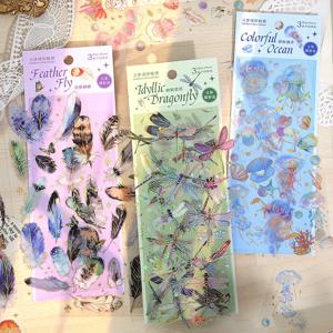 3pcs Kawaii 깃털 잠자리 새 해파리 장식 스티커 팩 Scrapbooking 재료 라벨 일기 전화 저널 플래너