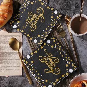 20pcs/Pac 33cm 새로운 검정과 금 생일 인쇄 종이 냅킨 파티 다채로운 편지 생일 축하 순수 목재 펄프 종이