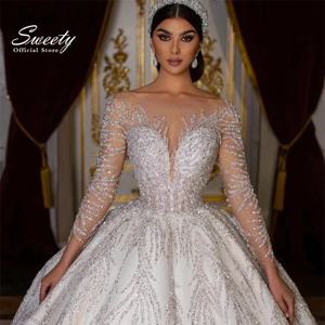 반짝이 웨딩 드레스 레이스 구슬 공 가운 공주 전체 슬리브 오-넥 신부 드레스 등이없는 사용자 정의 베스 티드 드 Novia