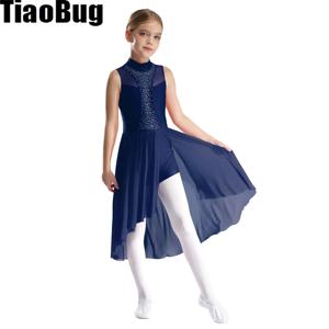 키즈 여자 쉬폰 발레 드레스 민소매 모의 목 컷 아웃 뒷면 분할 비대칭 밑단 반짝 이는 라인 석 댄스 드레스