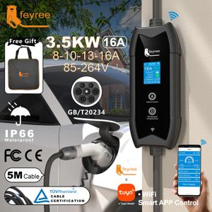 Feyree GB/T 휴대용 EV 충전기, 5m 케이블, 와이파이 앱 제어, 16A 3.5KW, EV 자동차용 충전 및 지연 시간 설정, 플러그 맞춤형