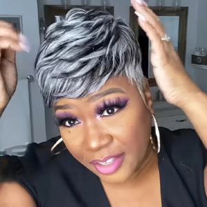 짧은 픽시 컷 가발 블랙 옴브레 화이트 합성 머리 가발 앞머리 포함 히트 소프트 미국