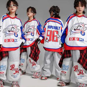 키즈 케이팝 힙합 의류, 화이트 프린트, 맨투맨 탑, 그레이 캐주얼 스웨트 조거 팬츠, 소녀 소년 재즈 댄스, 코스튬 의류
