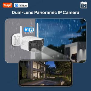 Tuya Smart 4MP 2.5K 듀얼 렌즈 대형 와이드 180 ° 보안 카메라, 실외 카메라, 컬러 나이트 비전/사이렌/양방향 토크 IP 카메라 포함