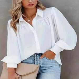 여성 패션 플러스 사이즈 1XL-5XL 기본 블라우스 Ladoes 솔리드 버튼 업 랜턴 슬리브 턴 다운 칼라 블라우스 셔츠