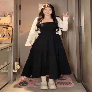 플러스 사이즈 헵번 스타일 빈티지 스트랩 드레스 하이 웨이스트 힙 컨실링 쁘띠 블랙 여름 통근 한국식 루즈핏 롱 드레스