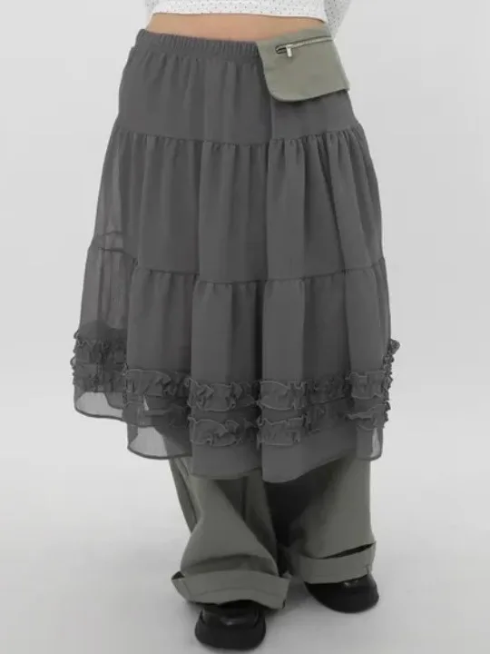 시크한 여름 신상 퓨어 컬러 하이엔드 거즈 스커트 하프 길이 시스루 퍼피 보더드 미디 스커트 일본식 캐주얼웨어