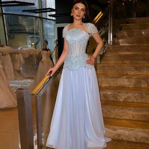 맞춤형 라인스톤 이브닝 드레스 자켓 레이스 탑 코르셋 쉬폰 웨딩 게스트 복장 티어드 허리 베스 티드 드 피에스타