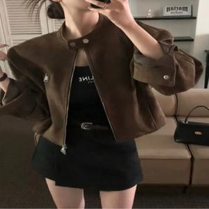 시크한 빈티지 숏 바이커 재킷 여성용 스탠드 칼라 지퍼 포켓 루즈핏 가을 겨울 아우터웨어 통근 스타일 스트리트웨어