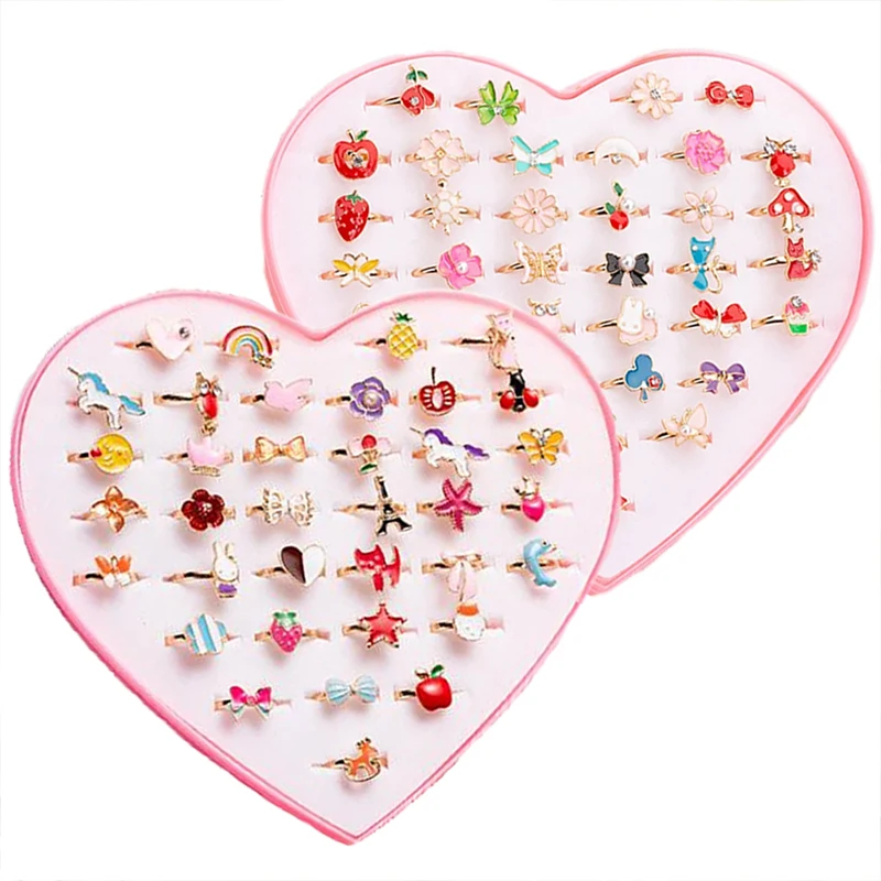 36PCS 어린이 조정 가능한 반지 소녀 귀여운 척 놀이 메이크업 장난감 만화 보석 합금 동물 에나멜 반지 생일 선물 TMZ