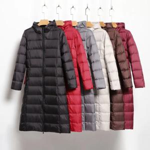 여성용 경량 다운 재킷 롱 화이트 덕 다운 코트 후드 슬림 피트 얇은 겨울 겉옷 퍼퍼 재킷 여성 JK-071