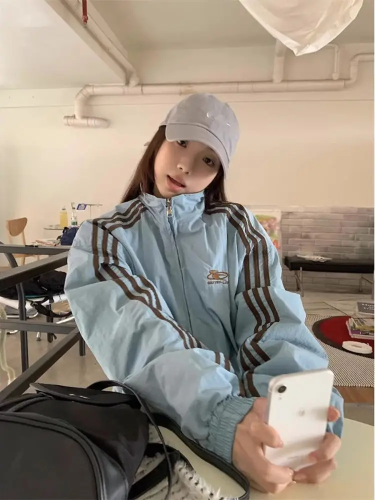 아메리칸 레트로 양면 착용 여성용 봄 가을 스포츠 캐주얼 루즈핏 삼선 커플 자켓 탑 폴리에스터 섬유